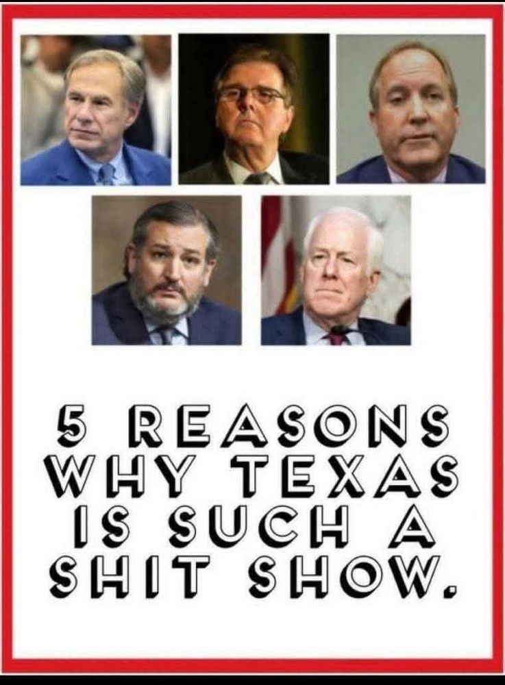 Photos of Texas politicians Abbott, Paxton, Patrick, Cruz, & Cornyn caption 5 reasons why Texas is such a shit show. 