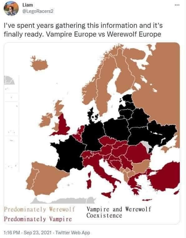 Map of Europe divided between vampire Europe and werewolf Europe. 