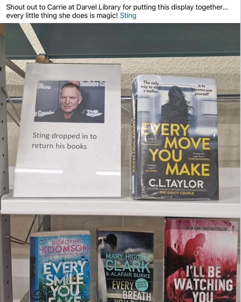 Shout-out to Carrie at Darvel library for putting this display together. Every little thing she does is magic. Picture of Sting & a sign that says 