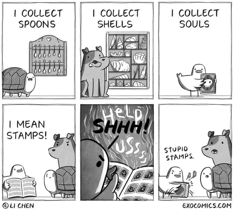 Panel cartoon. Turtle collects spoons. Dog collects shells. Bird collects souls, er stamps! 