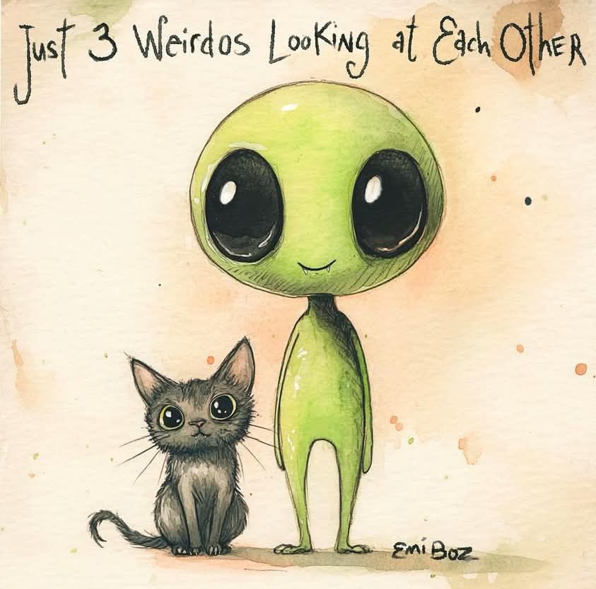 Cartoon by emi boz black cat, alien looking at you captioned just three weirdos looking at each other 