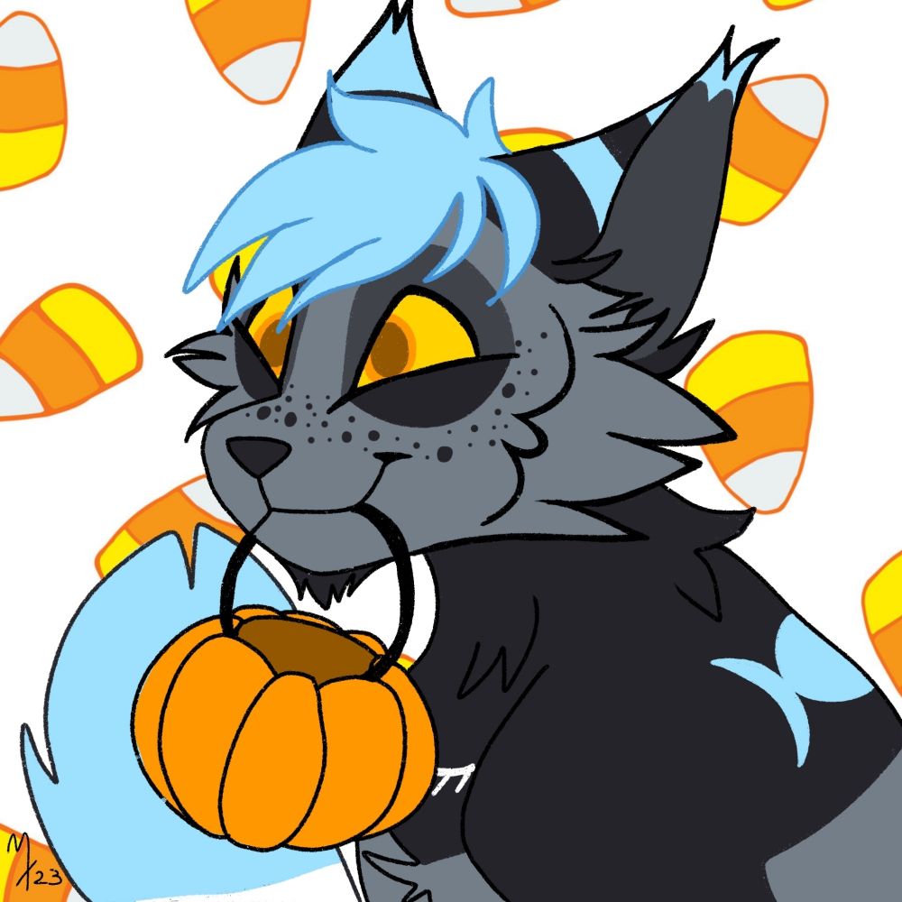 A picture of my fursona, a cat named Salem, holding a trick or treat bucket shaped like a pumpkin