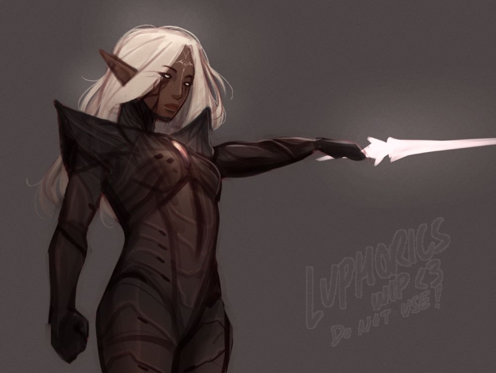 a sketch of the artist's oc, rhys. this is their depiction during the "eclipse arc", which is basically a 3-year timeskip in rhys's main storyline. she is shown clad in dark armor, brandishing a luminous sword. they have a stoic, yet ominous gaze.