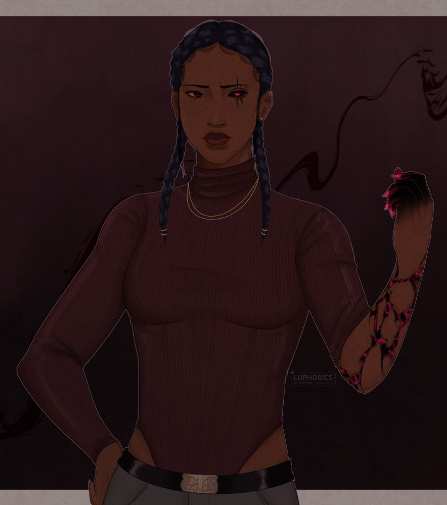 An illustration of Senaiya (they/she), a detective of the supernatural. She is shown facing front with one hand on her hip and her other arm up, showing off the demonic energy coursing through her. One of her eyes is distorted to further emphasize this effect. 