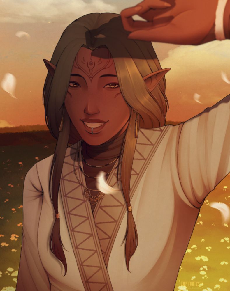 An illustration of the artist's original character, Rhy'savyn. They are depicted in the middle of a field of luminous flowers underneath the sunset. They are smiling towards the viewer.