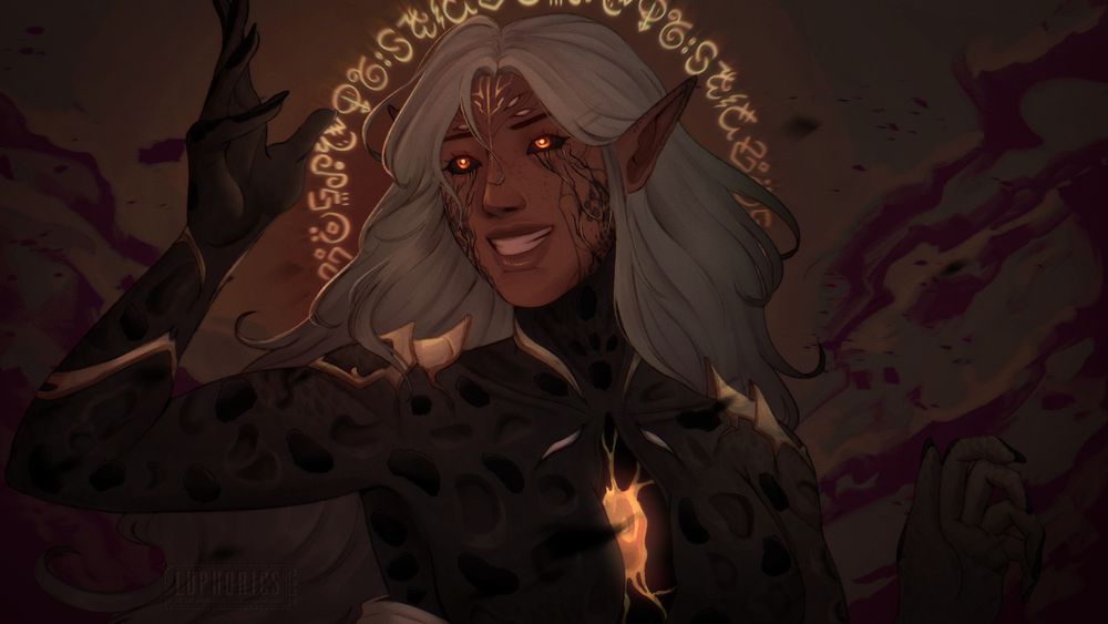 an illustration of my oc, Rhys (they/she), depicted in a backdrop of darkness and scattering debris. this is her appearance during the final arc of their storyline. they are visibly transformed from their normal appearance, their body assuming an almost inorganic form with a gaping hole in their chest. within the cavity rests a glowing structure akin to a heart. their gaze is cast off to the side with wide eyes and a forbidding smile. a halo of runes appears behind her head.