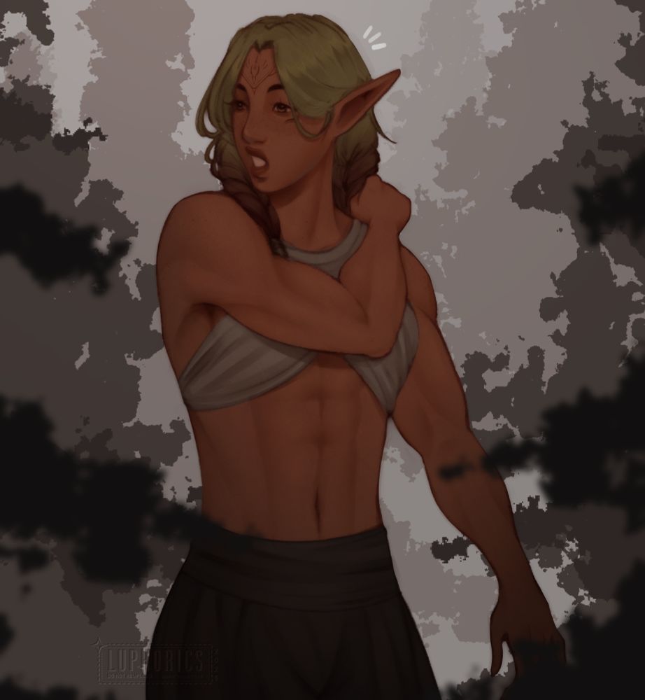 an illustration of my main oc, Rhys (they/she): an elf with tan skin, freckles, and green hair blending into a darker red at the ends. they have one arm over their shoulder as they curiously look away from the viewer. they wear a beige top that exposes their muscular form, and loose black pants.

this is Rhys depicted several years prior, somewhere in their early-mid 20's, when they were still a ranger. 