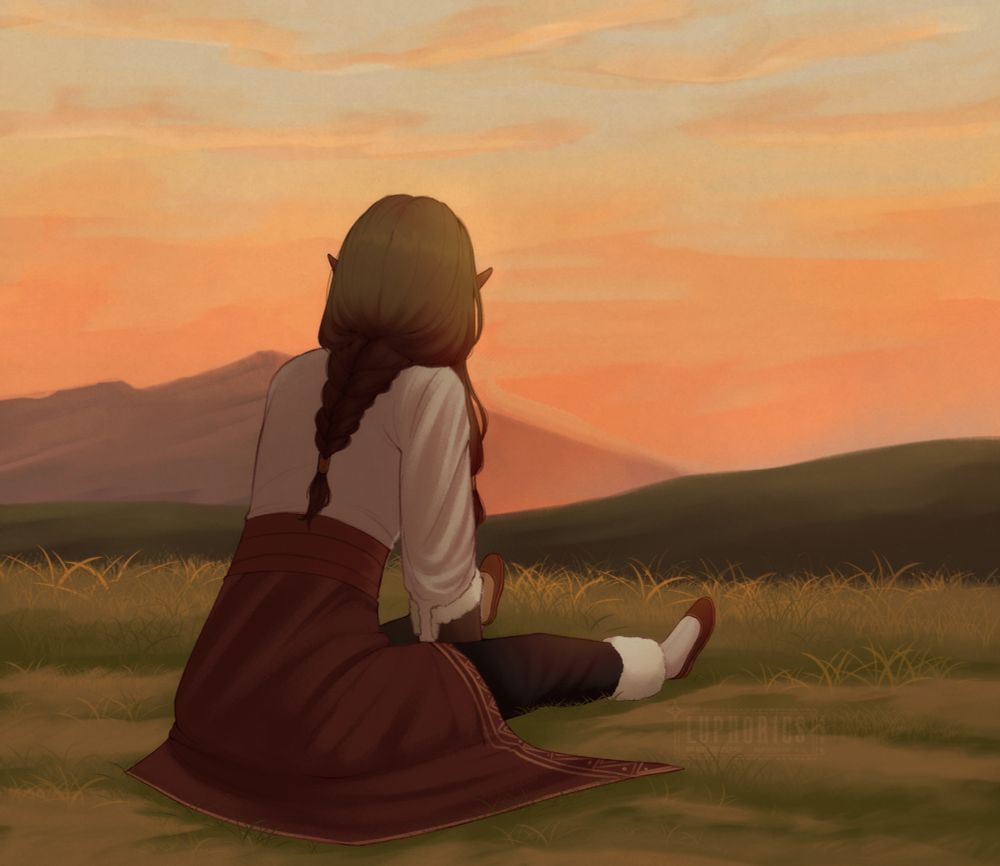 an illustration of the artist's main oc, Rhys, sitting on a field of grass while observing the distant mountains and sunset