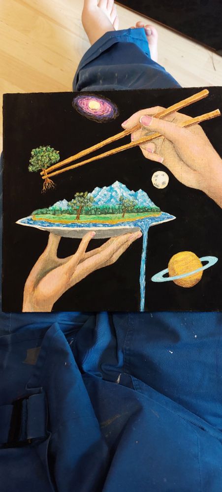 Painting of a left hand holding the world on a plate and a right hand picking a tree from it with chopsticks. There is a galaxy in the distance and the scene is set in outer space. Also, I love you! 