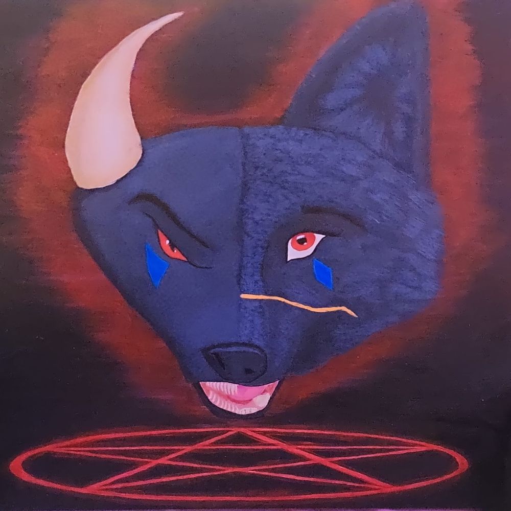 Portrait of a plural sona. One half is a dragon, the other a wolf. At the bottom is a circled pentagram. The wolf has a scar running across the face horizontally. Both halves have a blue marking under their blood red eyes. 