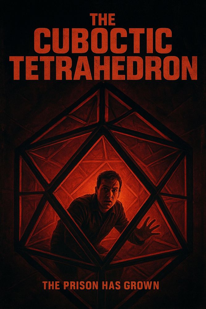 a movie poster for a ripoff or sequel to the 1997 horror movie "the cube", but this time it is not set in a cube, but inside a cuboctic tetrahedron. AI generated, but pretty good quality, and the guy has all his fingers. The enclosing polyhedron is not quite correct, but the sort of stylised graphic that a classically trained artist might reproduce, given a photo and drawing from memory.