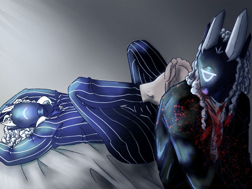 one robot oc laying on a bed, poking at a second robot oc sitting with his fit. The one laying is very happy, while the one sitting looks anoyed