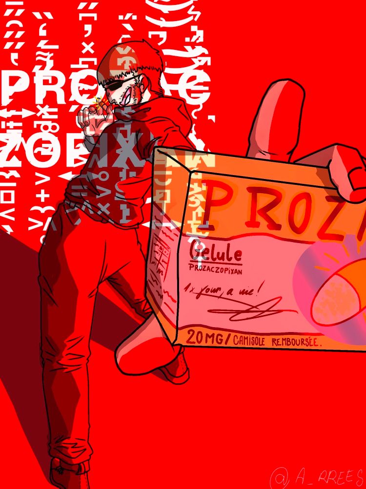 a drawing of Vald, a french rapper, holding a box of fake meds called Prozaczopixan. Its the title of one of their musoc. The whole drawing is î shades of red  with a white typo on the background to fill the space (just the title of the song)