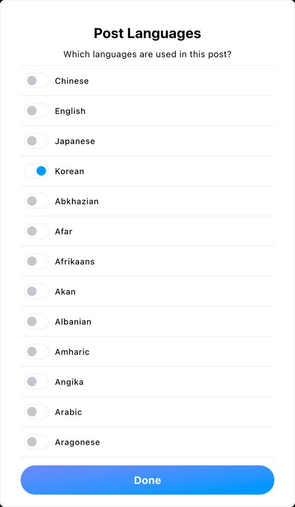 Post Languages
Which languages are used in this post?

Chinese
English
Japanese
Korean
…

Done