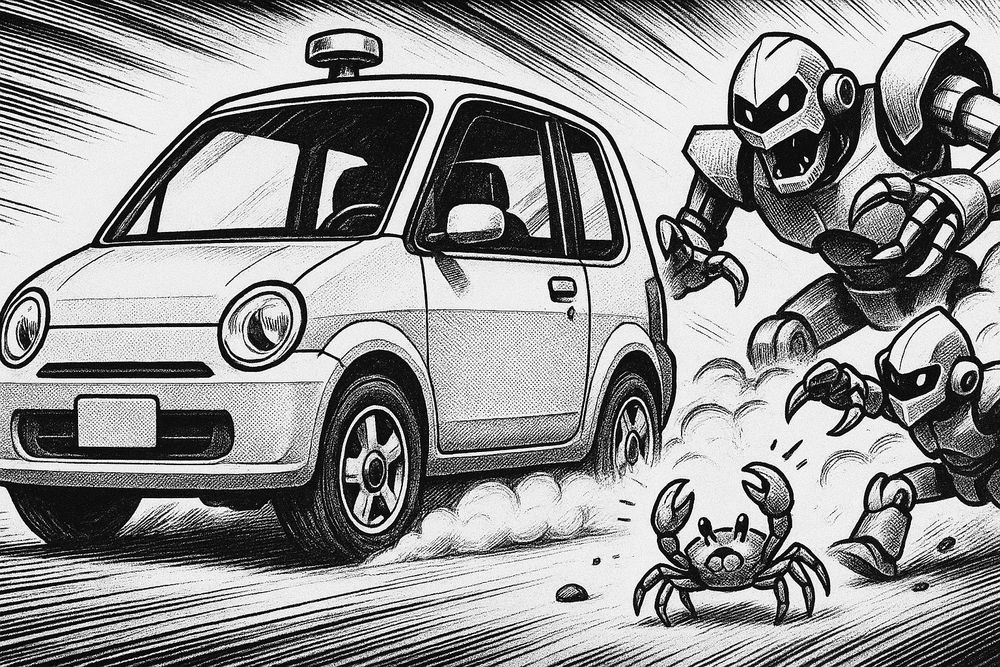 Alt Text:
A black-and-white manga-style ink illustration of a retro-futurist autonomous microcar screeching across the page, kicking up dramatic clouds of dust. A small crab scuttles in front of the car, escaping from three aggressive robots with clawed arms in pursuit. The car appears to be saving the crab as it speeds by. The scene is rendered in a dynamic, 1980s-inspired comic aesthetic with speed lines, high-contrast shading, and no text.

AI Image Acknowledgment and Critical Note:
This image was generated using an AI model trained on massive datasets that likely include manga and comic-style artworks created by human illustrators—often without their permission. While the image itself is novel in composition, it borrows heavily from stylistic conventions developed through years of human artistry. These AI systems mimic distinctive styles without recognizing or crediting the artists who originated them, raising ongoing ethical concerns around consent, creative ownership, and labor rights. Until systems for transparent sourcing, fair attribution, and equitable compensation are implemented, it’s essential to view such outputs with a critical awareness of the cultural and creative exploitation embedded in their creation.
