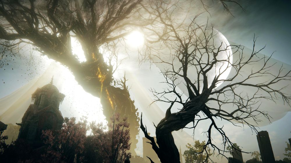 Two ceremonial trees, mirroring each other in their twisted posture. In the foreground, a small dead tree atop a dais leans to the right, its trunk dark-grey and its branches increasingly spindly as they obscure the moon. In the background, far, far away, the vast Scadutree leans to the left, its black trunk suffused with semi-divine light even as it weeps gold.