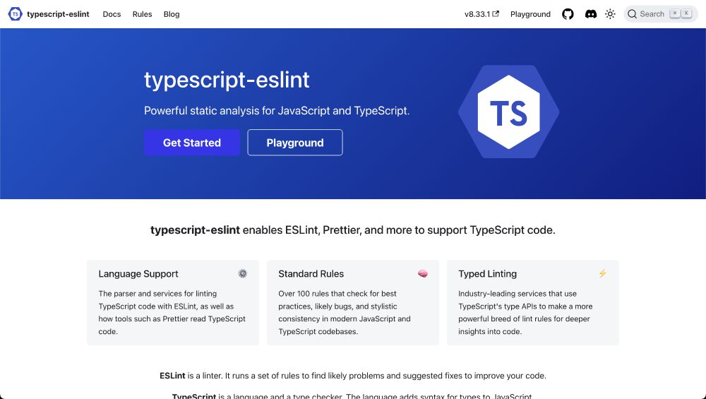 Screenshot of the new typescript-eslint homepage from the linked preview deploy. "Powerful static analysis for JavaScript and TypeScript"