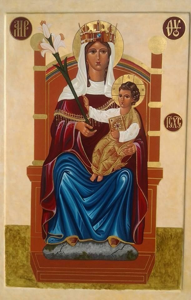 Icon of Our Lady of Walsingham, showing Mary crowned on a throne, holding baby Jesus and a lily.