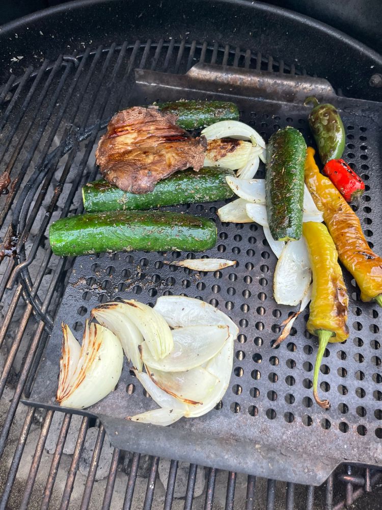 Portabello mushroom, zucchini, onions, and peppers on the grill