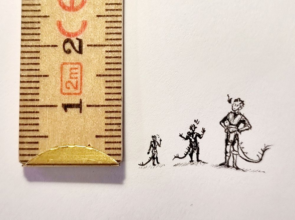 Very tiny character drawn 3 times next to a ruler. The smallest one is only 5mm. 