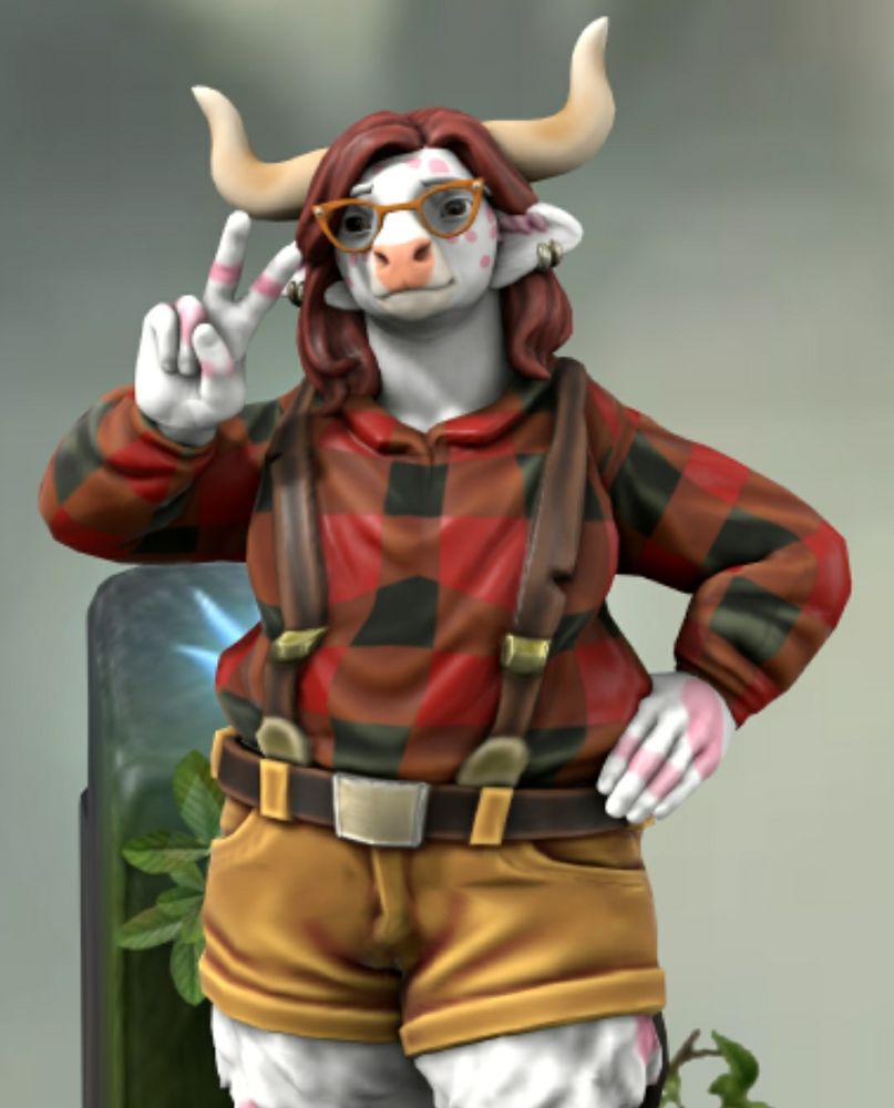 A 3D model of a cow lady with white fur and pink spots, big horns and auburn hair, wearing a red buffalo check top and orange shorts
