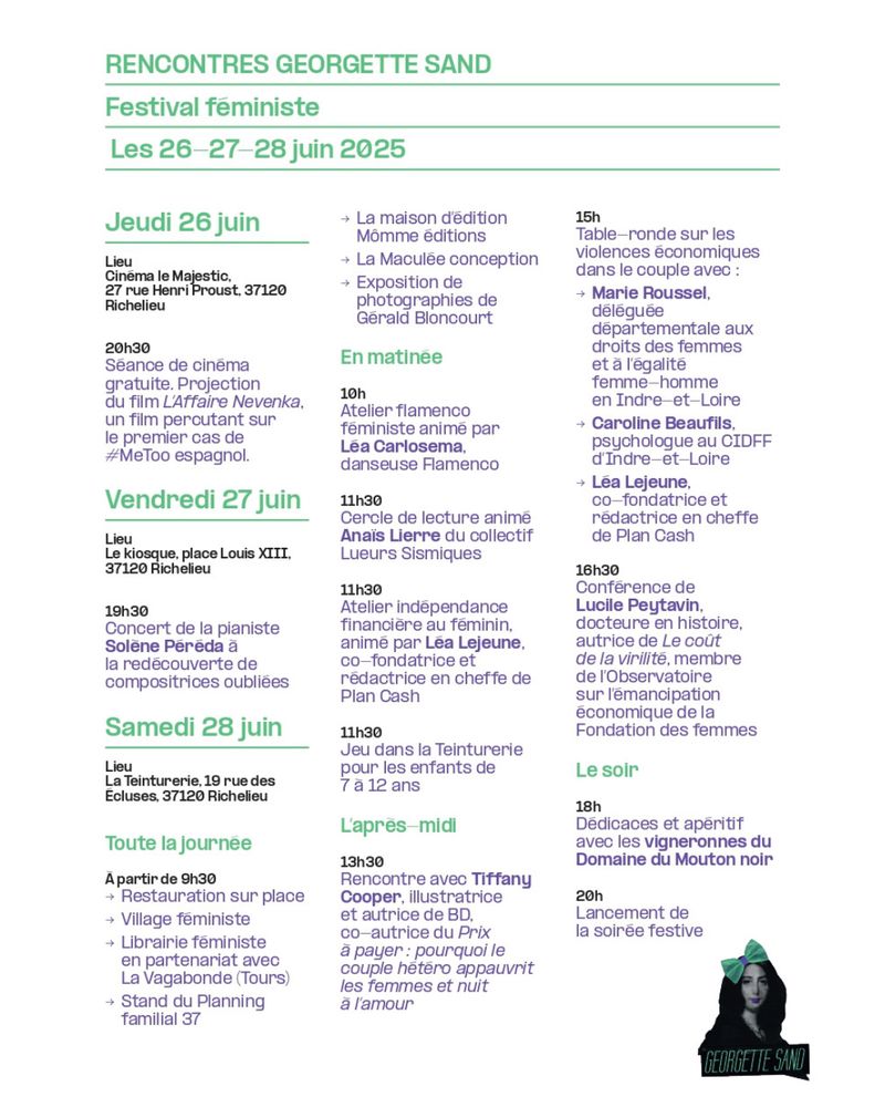 Rencontres Georgette Sand, festival féministe, les 26, 27, 28 juin 2025. Le programme complet est à retrouver sur http://georgettesand.com/2025/03/12/rencontres-feministes-2025/