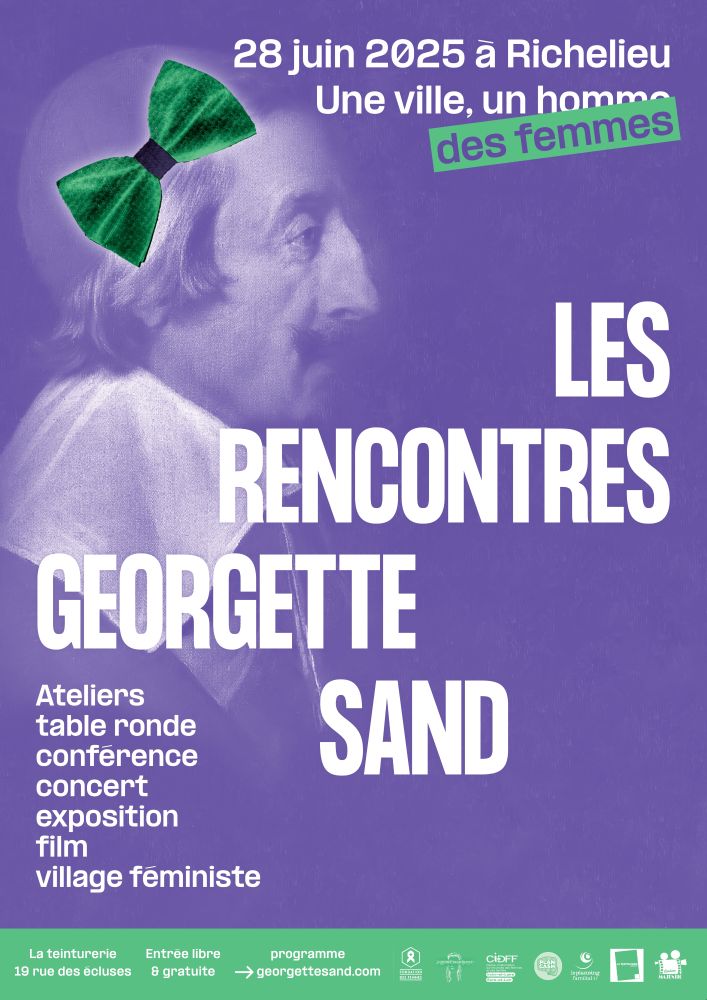 Affiche des Rencontres féministes Georgette Sand avec le tableau du cardinal de Richelieu détourné avec un noeud dans les cheveux. 