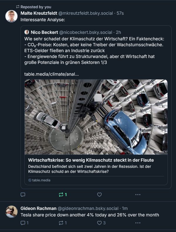 Bluesky Post, der wirtschaftliche Auswirkung des Klimaschutz analysiert, Tendenz neutral. Darunter Bluesky Post über 4% Tagesverlust von Tesla.