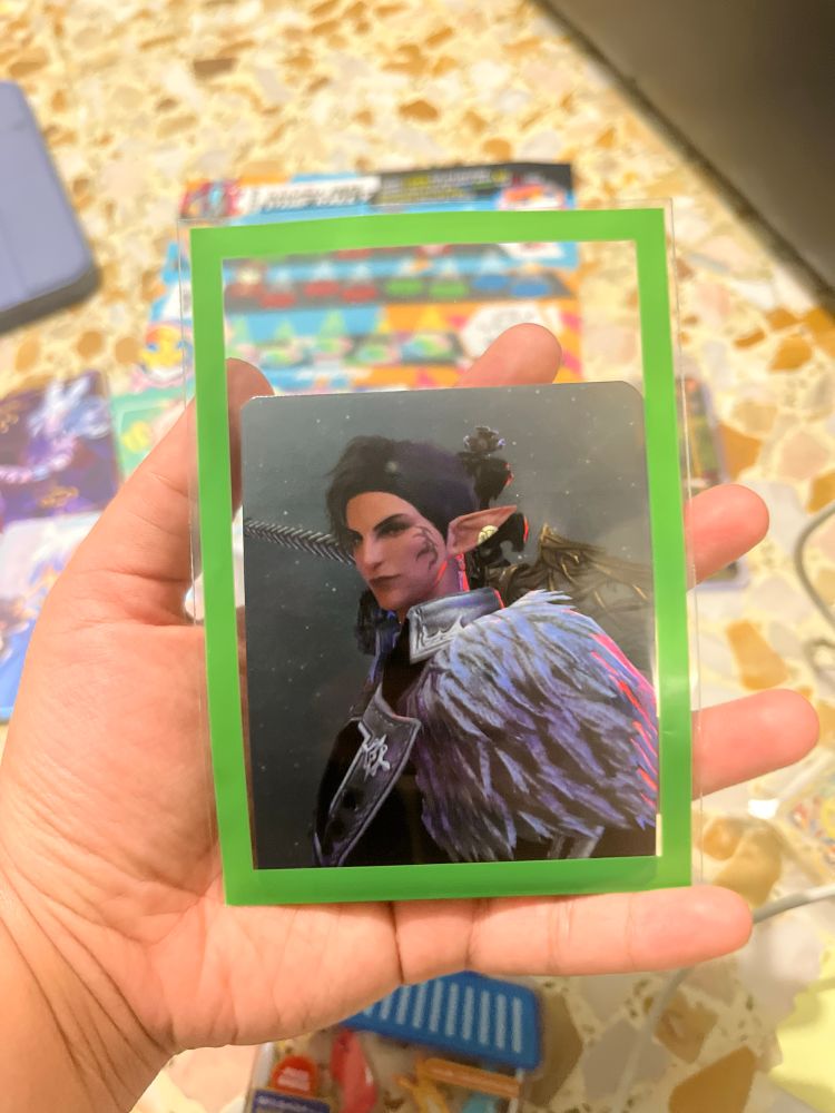 A dark knight elezen in a dark and fur attire, facing 3/4 to the viewer, there’s a tattoo on the left side of his face, has short hair, in a dark environment with a red reflective light hitting from his back. The photocard is in a clear sleeve with a green border