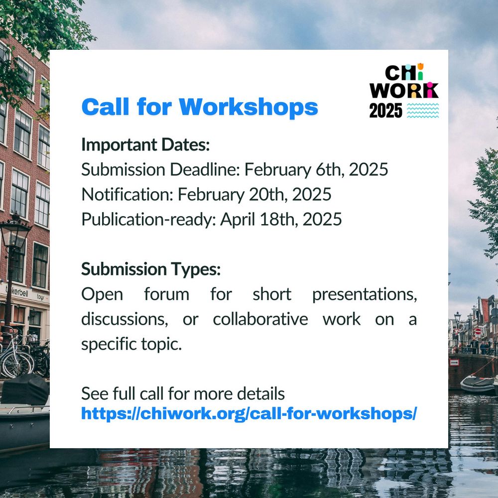 A colorful graphic announcing the Call for Workshops at CHIWORK 2025. It includes key dates: Submission Deadline (February 6, 2025), Notification (February 20, 2025), and Publication-ready (April 18, 2025). Workshops can focus on topics like HCI research, ethics, design, sustainability, and emerging methodologies. The image features logos of CHI Nederland, ACM SIGCHI, and CWI, along with a scenic background of a canal with bicycles in the Netherlands.