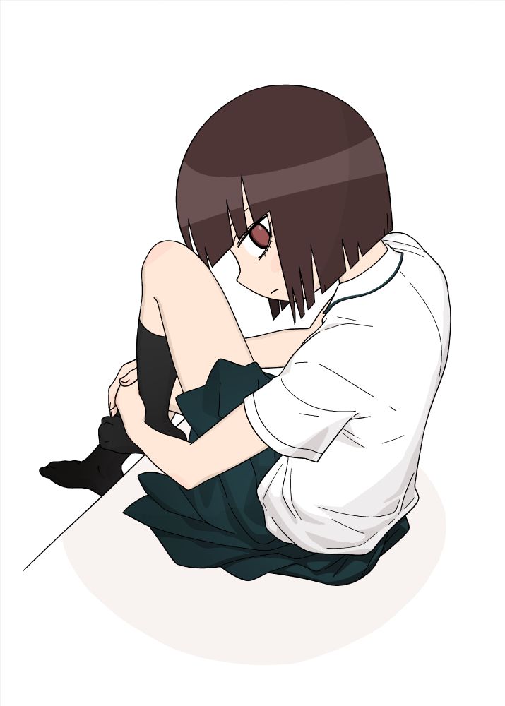 片膝を抱えて振り返るおかっぱ頭の女子高生のイラスト