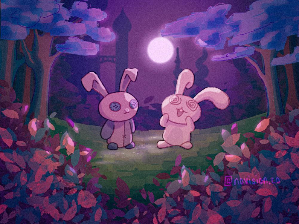 Two bunny characters standing in a green clearing under a full moon, surrounded by trees and bushes with blue and purple hues.