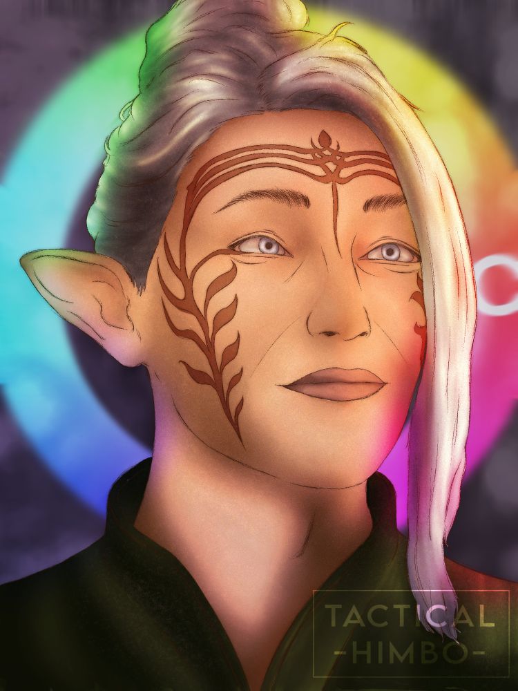 A white elf, Inquisitor Lavellan, with intricate facial tattoos gazes upward, exuding a serene expression. He has silver hair, silver eyes, and pointy ears, which complement the mystical ambiance. He is wearing his hair tied up in a bun, with some strands worn down and framing his face. Behind him is a blurred, dark treeline and he is lit by bright, warm lighting. Between him and the treeline is a semi-transparent color wheel, which casts a rainbow glow on the edges of his silhouette.