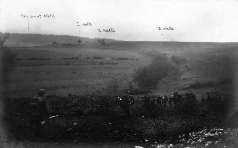 German infantry from Reserve-Infanterie-Regiment 39 advance towards Haumont Forest (bois d’Haumont) on 21 February 1916. (Credit: Drakegooman)