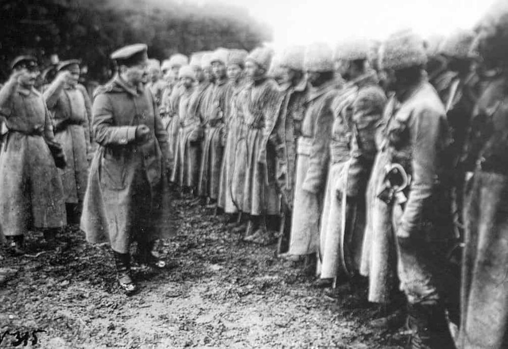 Trotsky reviewing Red Army troops, ~1918-1920