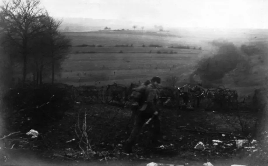 German infantry from Reserve-Infanterie-Regiment 39 advance towards Haumont Forest (bois d’Haumont) on 21 February 1916. (Credit: Drakegooman)