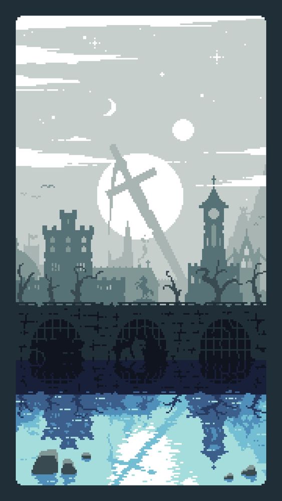 medieval landscape pixel art, town in front, huge sword in the background, 2 suns and a crescent moon in the sky. the whole scene is reflected in the water. a few monsters lurking in the water