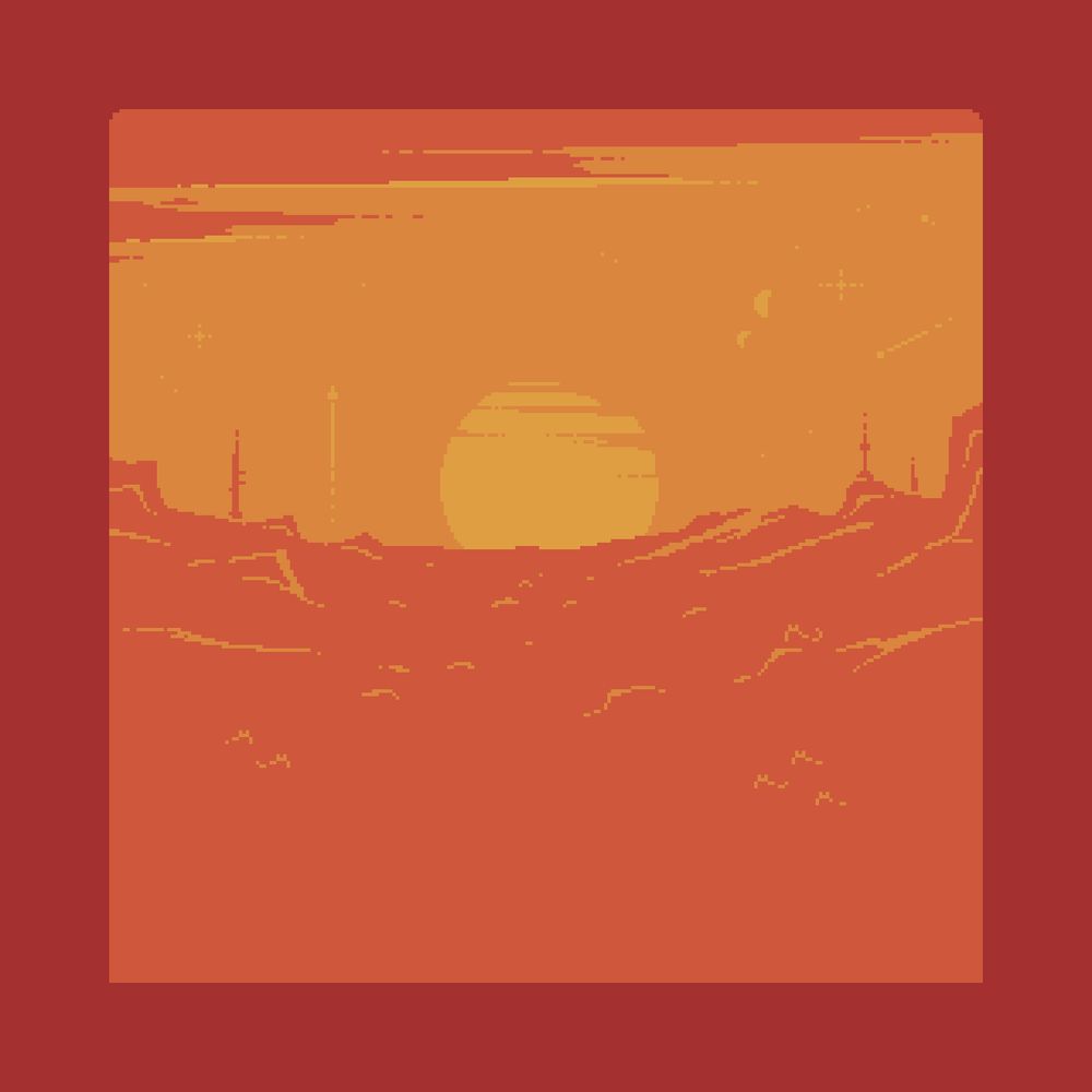 pixel art of an alien world with tiny alien critters and a rocket in the far distance