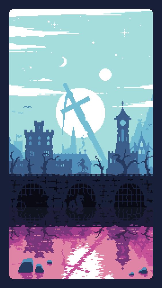 medieval landscape pixel art, town in front, huge sword in the background, 2 suns and a crescent moon in the sky. the whole scene is reflected in the water. a few monsters lurking in the water