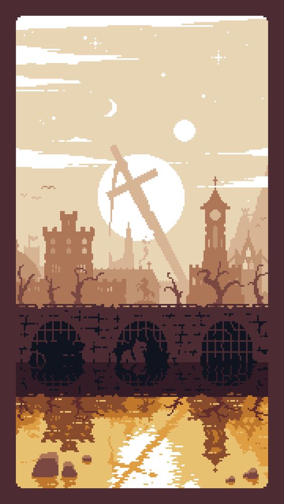 medieval landscape pixel art, town in front, huge sword in the background, 2 suns and a crescent moon in the sky. the whole scene is reflected in the water. a few monsters lurking in the water