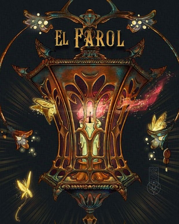 Esta ilustración digital que muestra un farol de aspecto antiguo con estética art noveau pero cubierto de óxido, está rodeado de mariposas hechas de luz que simbolizan deseos.