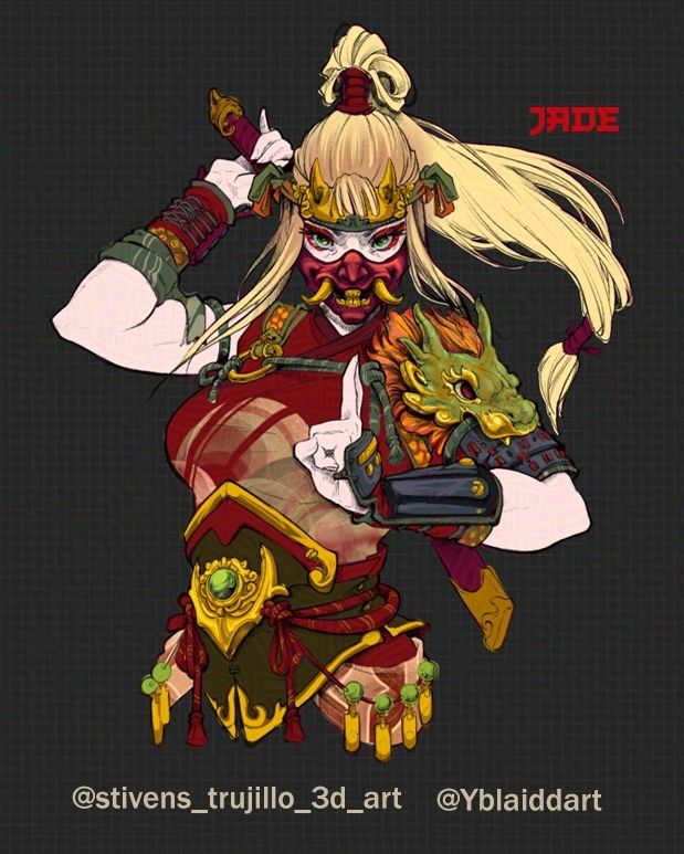 Diseño para una figura de un busto de mujer con estética samurái. Los colores de esta opcion son en tonos rojos, verdes y con detalles dorados. Se llama Jade