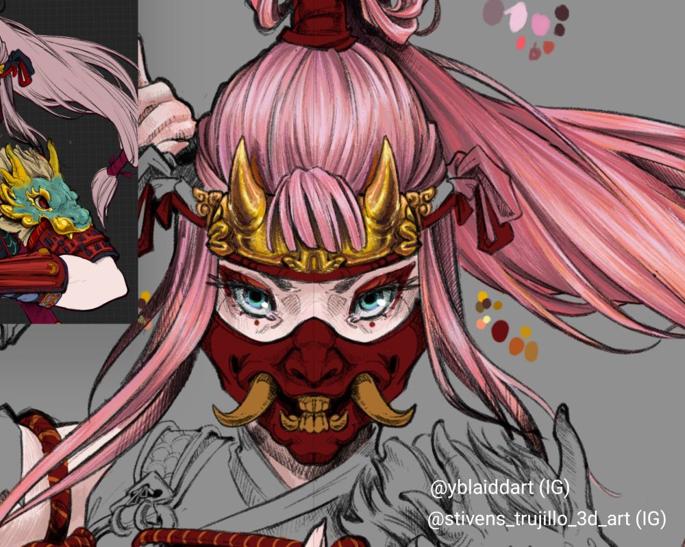 WIP de un personaje a medias de dar color de una samurái de pelo rosa, banda a con detalles dorados y una mascara oni roja y dorada.