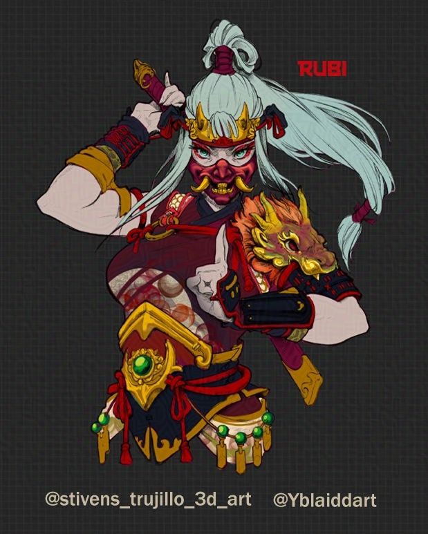 Diseño para una figura de un busto de mujer con estética samurái. Los colores de esta opcion son en tonos rojos, negros y blancos con detalles dorados y verdes. Se llama Rubí 