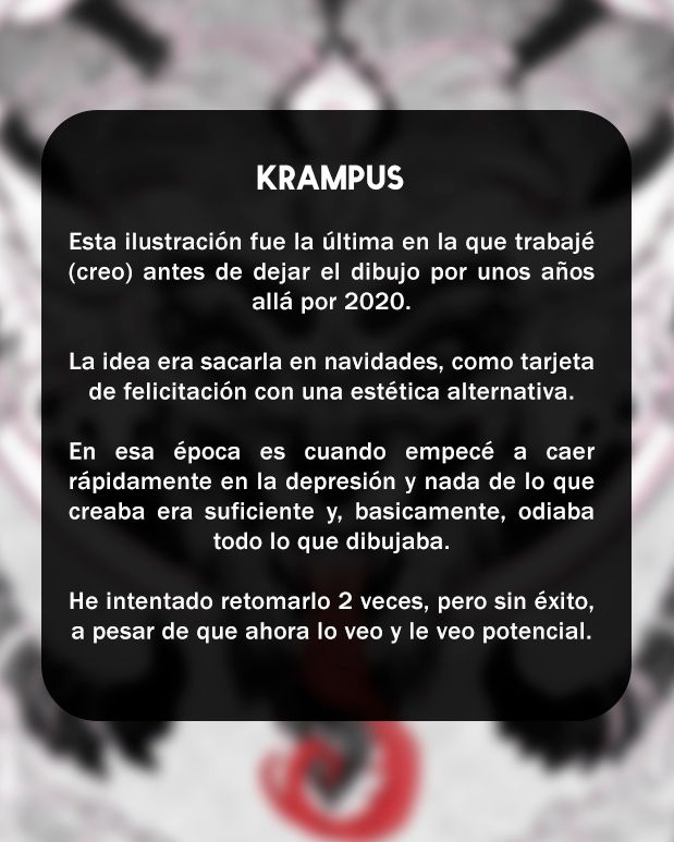 Un pequeño texto donde explico que esta ilustración la dejé a medias en 2020 por culpa de la depresión h que mi idea era aacar tarjetas navideñas con una estética alternativa. En 2020 fue cuando caí en la depresion y dejé de dibujar porque nada de lo que hacia tenia vallr para mi. Y finalmente comento que he tenido dos intentos de retomarlo, pero no tuvieron exito, aunque sigo viendole potencial a la ilustración.