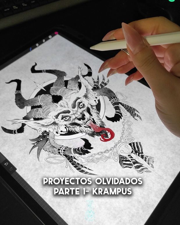 Una foto a la pantalla del ipad, donde aparece mi ilustración en blanco y negro, a medias, de la cabeza de Krampus. Por encima se puede ver mi mano sujetando el apple pencil.