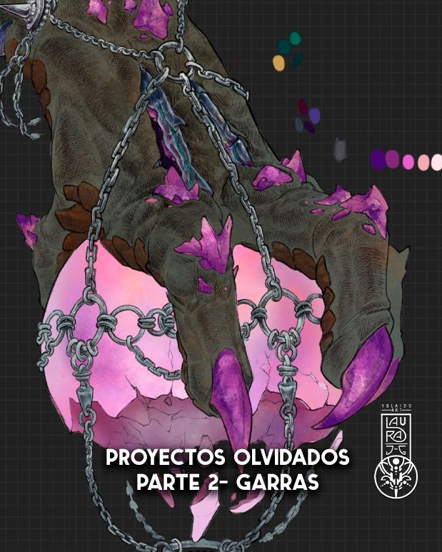 Ilustracion sin terminar que presenta una garra de dragón del que le salen incrustaciones de amatista y con grietas que hace que la garra parezca una geoda. La garra sujeta una esfera de cuarzo rota. Ambas partes están decoradas con cadenas de metal.

El trabajo se presenta sin fondo, enseñando la cuadricula que forma por defecto el programa procreate de dibujo.