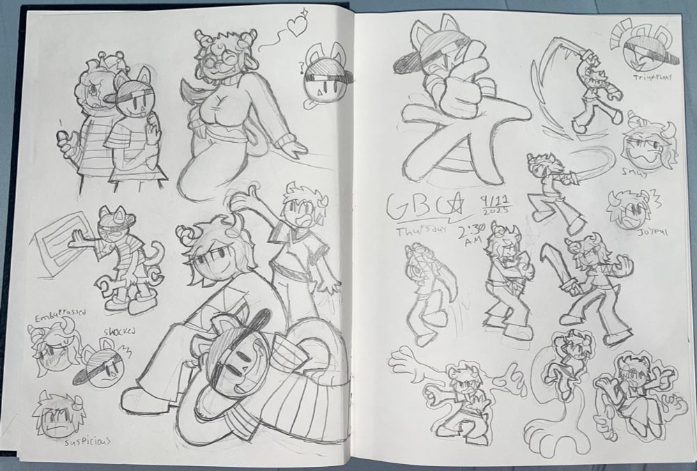 Two pages full of sketches of my characters: Espin, Pen, Joel, and a single sketch of Belle.