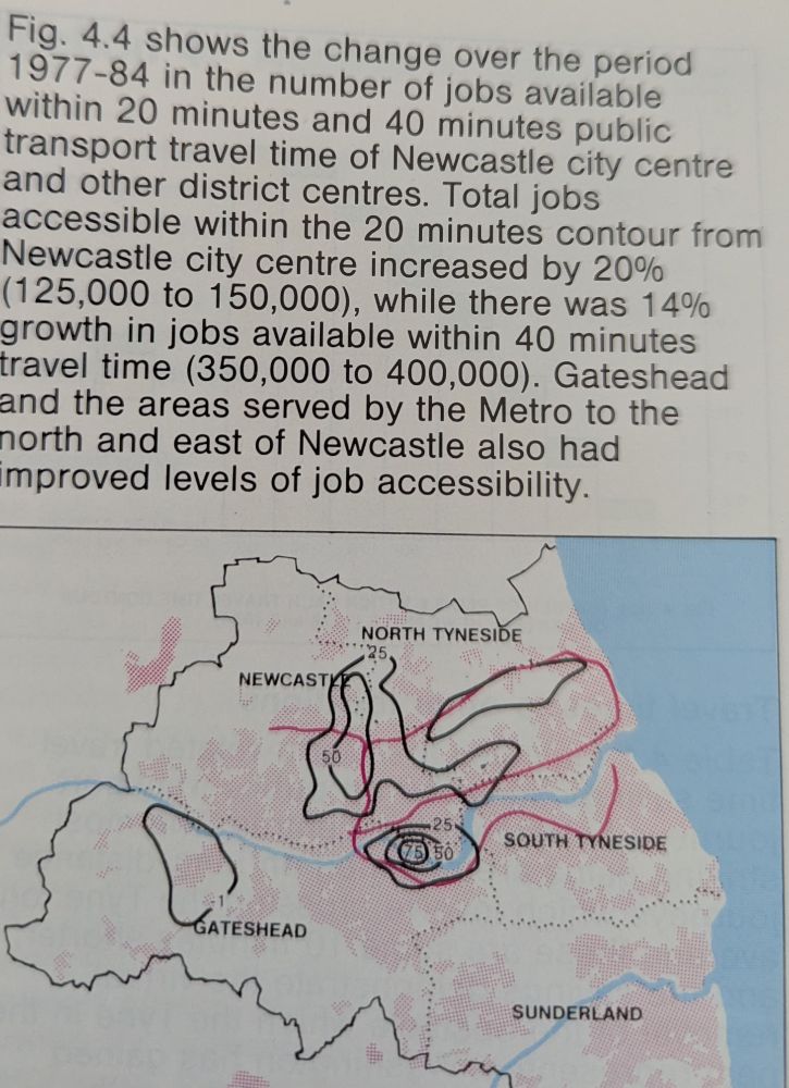 Isochrones of changes in employment access- showing increases in employment catchments in Newcastle and North Tyneside.