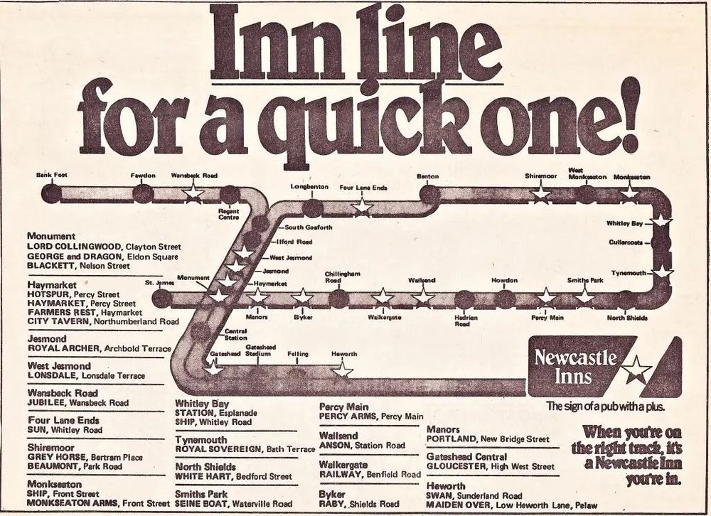 A potential pub crawl of Newcastle Inns pubs based on their proximity to Metro stations